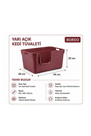 Pribor Yüksek Kenarlı Yarı Açık Kedi Tuvaleti, Geniş ve Kolay Temizlenebilir 54 x 40 x 32 cm Bordo