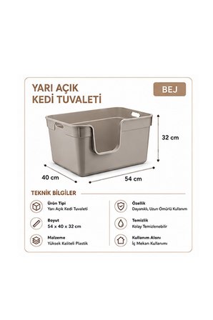 Pribor Yüksek Kenarlı Yarı Açık Kedi Tuvaleti, Geniş Ve Kolay Temizlenebilir 54 x 40 x 32 cm Bej