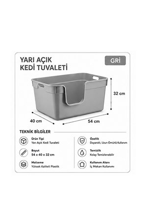Pribor Yüksek Kenarlı Yarı Açık Kedi Tuvaleti, Geniş Ve Kolay Temizlenebilir 54 x 40 x 32 cm Gri