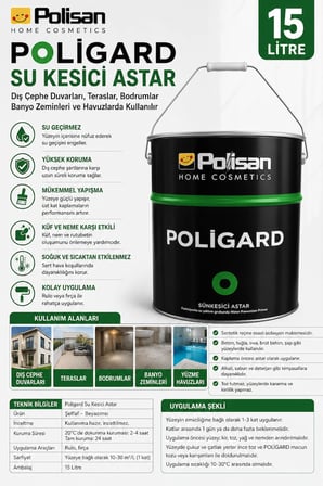 Poligard Su Kesici Astar Dış Cephe Duvarları Teraslar Bodrumlar Banyo Zeminleri ve Havuzlarda Kullanılır 15 LİTRE