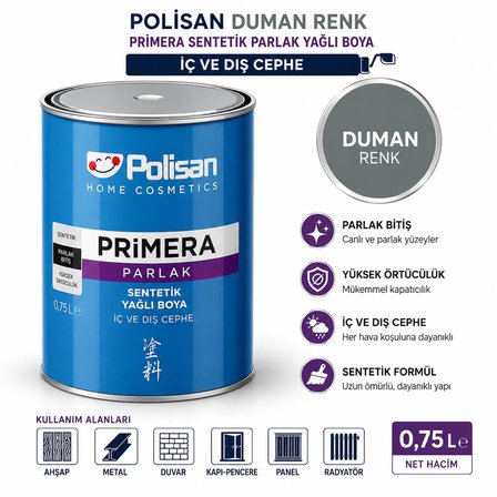 Polisan Duman Renk Primera Parlak Sentetik Yağlı Boya İç Ve Dış Cephe 0,75 L