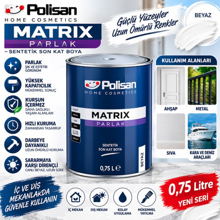 Matrıx Parlak Kurşunsuz Silinebilir Üstün Dayanım Sentetik Boya Beyaz 0.75 Litre Yeni Seri
