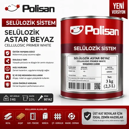  Selülozik  Astar Beyaz 3 Kg 2.3 L Yeni Versiyon Yerli Üretim