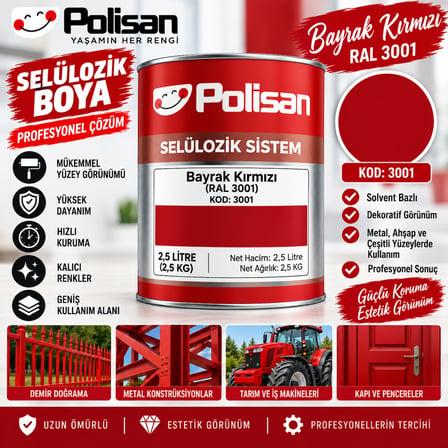 Polisan Selülozik Boya Bayrak Kırmızı 2.5 Kg Kod : 3001