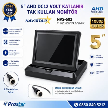 5 inç AHD Katlanabilir Araç Monitörü - 1080p, Mobil DVR Uyumlu 4-Pin, DC12-24V