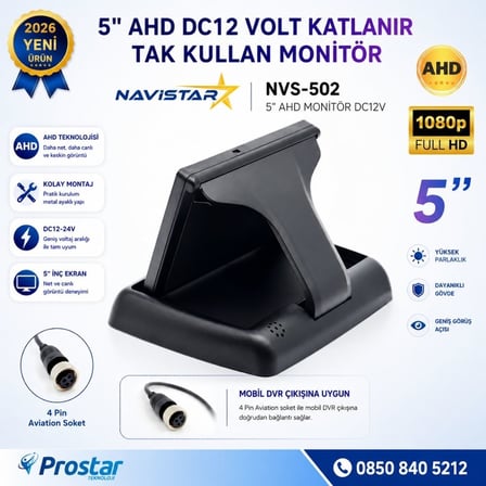 5 inç AHD Katlanabilir Araç Monitörü - 1080p, Mobil DVR Uyumlu 4-Pin, DC12-24V