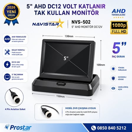 5 inç AHD Katlanabilir Araç Monitörü - 1080p, Mobil DVR Uyumlu 4-Pin, DC12-24V