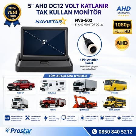 5 inç AHD Katlanabilir Araç Monitörü - 1080p, Mobil DVR Uyumlu 4-Pin, DC12-24V