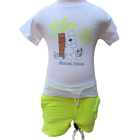 Kız Çocuk İkili Takım – Silence Please Baskılı Beyaz T-Shirt Sarı Şort