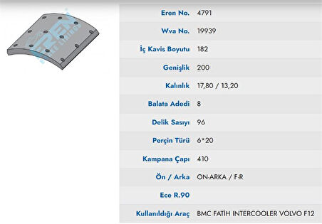 Ford Truck On-Arka Fren Balatası Pabuc Ford Cargo Yeni Model Renault Trucks, Volvo 6*4 Damperli (full Organık) - Eren 4880/1 M750