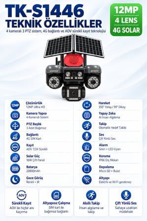 TK-S1446 12MP 4 Kameralı 3 PTZ 4G Solar AOV Sürekli Kayıtlı Güvenlik Kamerası