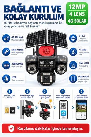 TK-S1446 12MP 4 Kameralı 3 PTZ 4G Solar AOV Sürekli Kayıtlı Güvenlik Kamerası