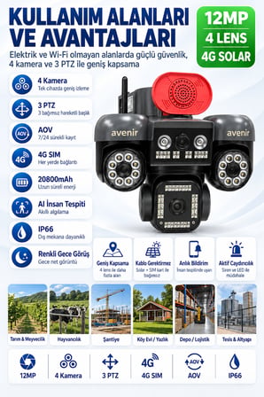 TK-S1446 12MP 4 Kameralı 3 PTZ 4G Solar AOV Sürekli Kayıtlı Güvenlik Kamerası