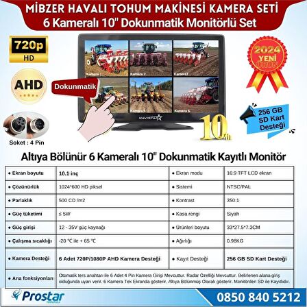 Mibzer için 6 Kameralı 10 inç Dokunmatik Monitör Altıya Bölen Kayıtlı 256 Gb Sd Kart Destekli