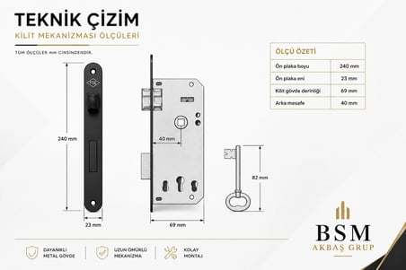BSM Akbaş Grup Kare Aynalı Oda Kapı Kolu Tam Set Mat Siyah Alüminyum Kol 40 mm