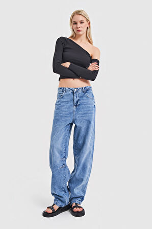 Kadın Mavi Renk Düşük Bel Skater Fit Bol Kalıp Denim