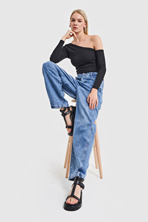 Kadın Mavi Renk Düşük Bel Skater Fit Bol Kalıp Denim