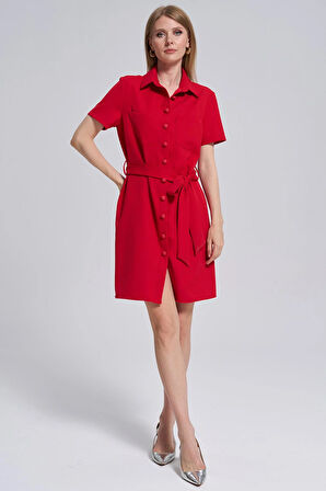 Polo Yaka-Cepli Önden Düğmeli, Kemer Detaylı Elbise