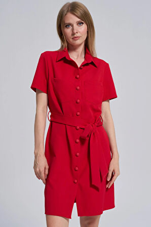 Polo Yaka-Cepli Önden Düğmeli, Kemer Detaylı Elbise