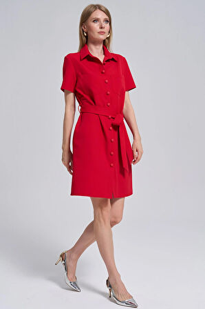 Polo Yaka-Cepli Önden Düğmeli, Kemer Detaylı Elbise