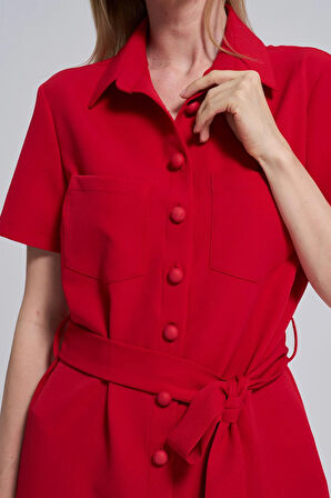 Polo Yaka-Cepli Önden Düğmeli, Kemer Detaylı Elbise