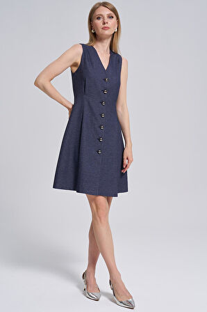 V Yaka-Düğme Detaylı, Elbise