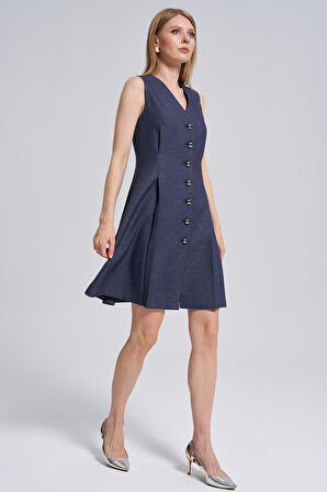 V Yaka-Düğme Detaylı, Elbise