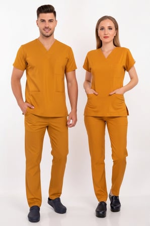 Unisex Hardal  Esnek Likralı Doktor Hemşite Scrubs Alt Üst Takım