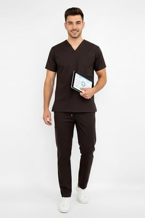 Unisex Koyu Kahverengi Esnek  Likralı Doktor Hemşire Scrubs   Cerrahi Takım