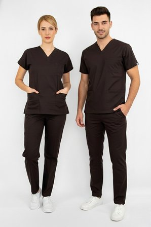 Unisex Koyu Kahverengi Esnek  Likralı Doktor Hemşire Scrubs   Cerrahi Takım