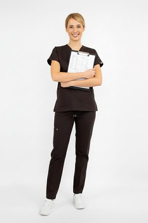 Unisex Koyu Kahverengi Esnek  Likralı Doktor Hemşire Scrubs   Cerrahi Takım