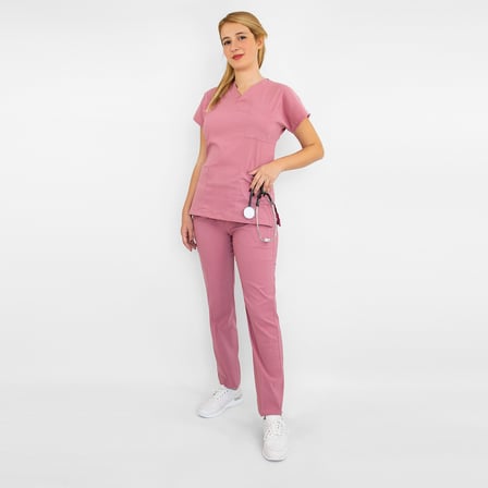 Unisex Koyu Pudra Esnek Likralı Doktor Hemşire Scrubs  Alt Üst Takım