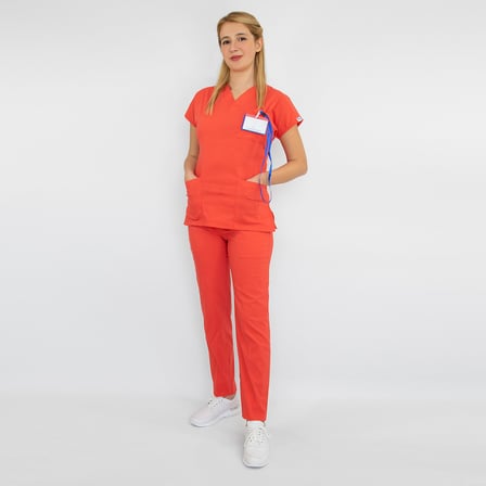 Unisex Mercan Esnek  Likralı Doktor Hemşire Scrubs Alt Üst Takım