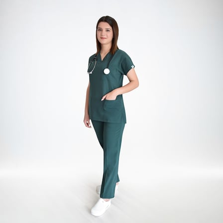 Unisex Ördekbaşı Yeşili Esnek  Likralı Doktor Hemşire Scrubs Cerrahi Alt Üst Takım