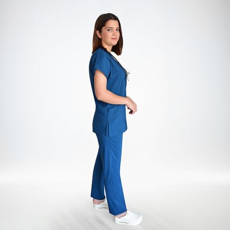 Unisex Petrol Mavi Esnek  LikralıDoktor Hemşire Scrubs  Alt Üst Takım