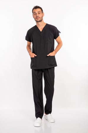 Unisex Siyah Esnek  Likralı Scrubs Cerrahi Doktor Hemşire Hastane Aşçı Üniforma Takım