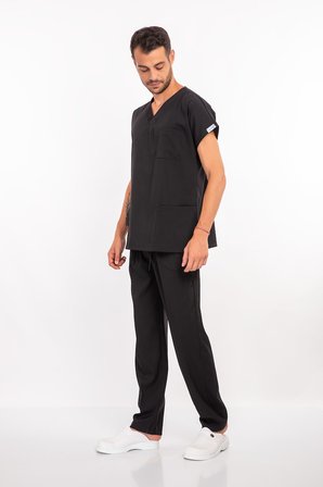 Unisex Siyah Esnek  Likralı Scrubs Cerrahi Doktor Hemşire Hastane Aşçı Üniforma Takım