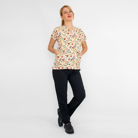 Unisex 90'lar Desenli Likralı Doktor Hemşire Cerrahi Scrubs Üniforma Takım