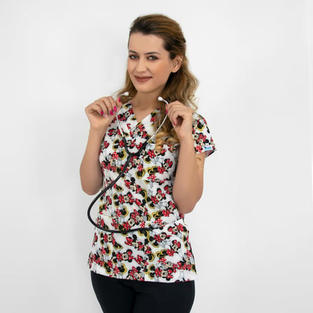 Unisex Beyaz Minnie Mouse Desenli Likralı Doktor Hemşire Scrubs Takım