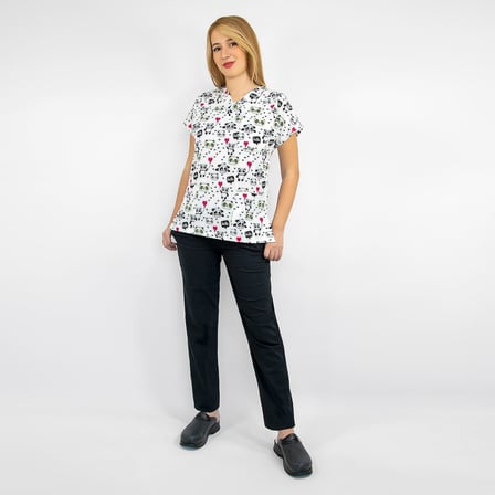 Unisex Beyaz Panda Desenli Likralı Doktor Hemşire Scrubs Üniforma Takımı