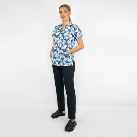 Unisex Beyaz Papatya Desenli Likralı Doktor Hemşire Cerrahi Scrubs Üniforma Takım