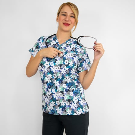 Unisex Beyaz Papatya Desenli Likralı Doktor Hemşire Cerrahi Scrubs Üniforma Takım
