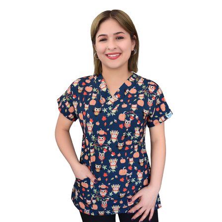 Unisex Kabaklı Baykuş Desenli Likralı Cerrahi Doktor Hemşire Scrubs Üniforma Takım
