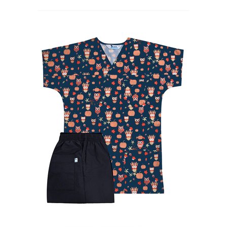 Unisex Kabaklı Baykuş Desenli Likralı Cerrahi Doktor Hemşire Scrubs Üniforma Takım
