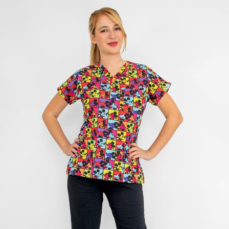 Unisex Kareli Mickey Desenli Likralı Doktor Hemşire Scrubs Üniforma Takım