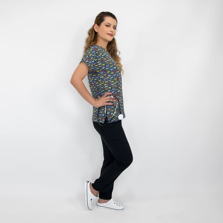 Unisex Kedi Gözü Desenli Likralı Cerrahi Doktor Hemşire Scrubs Üniforma Takımı