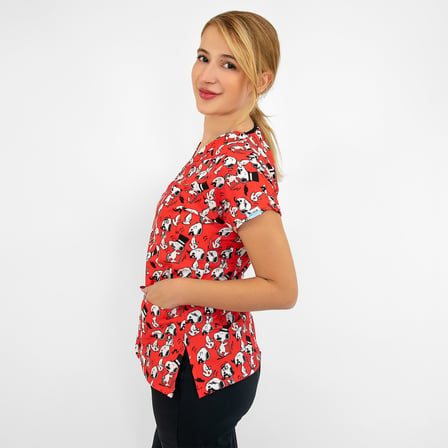 Unisex Kırmızı Snopy Desenli Likralı Cerrahi Doktor Hemşire Scrubs Üniforma Takım