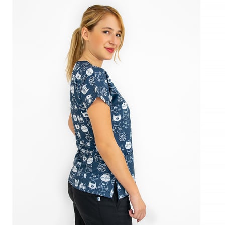 Unisex Lacivert Kedi Desenli Likralı Hemşire Doktor Cerrahi Scrubs Üniforma Takım