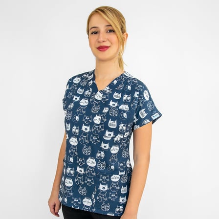 Unisex Lacivert Kedi Desenli Likralı Hemşire Doktor Cerrahi Scrubs Üniforma Takım