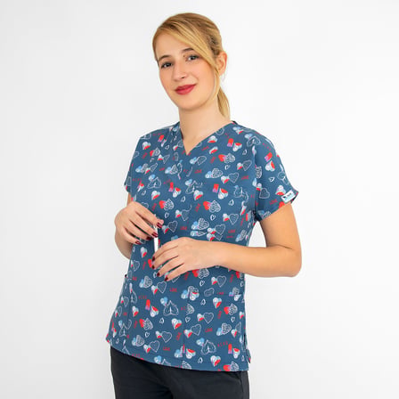 Unisex Lacivert Love Desenli Likralı Hemşire Doktor Cerrahi Üniforma Takım